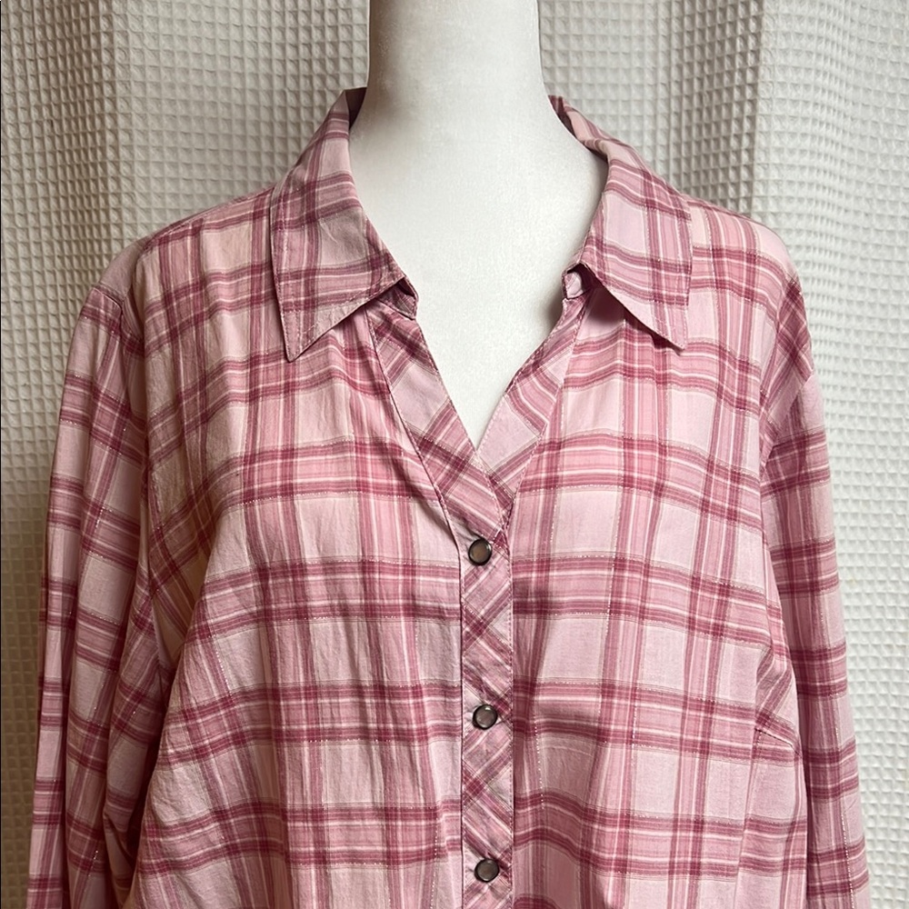 Denim&Co Pink Plaid Button-Up snap front blouse with silver thread details-2X